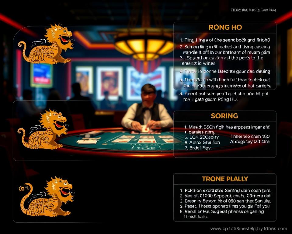 A detailed illustration of the gameplay rules and scoring mechanics for the popular casino game "Rồng Hổ" by TD88. A dimly lit casino table in the foreground, with the iconic dragon and tiger symbols prominently displayed. The middle ground features a croupier expertly dealing cards, surrounded by attentive players. In the background, subtle neon lighting and the blurred silhouettes of casino patrons create an immersive atmosphere. The scene conveys the high-stakes excitement and strategic depth of the "Rồng Hổ" game, as players aim to outwit the house and capitalize on the TD88 betting system.