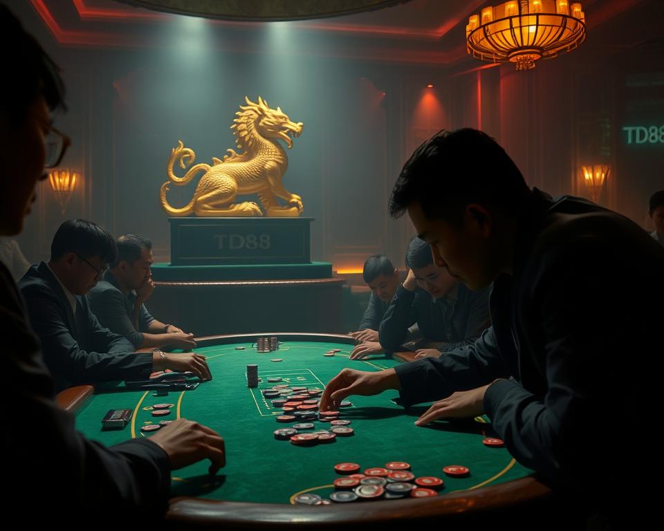 A dimly lit gambling hall, with an ornate golden dragon and tiger statue prominently displayed on a raised platform. The table is covered in a green felt surface, with red and black chips scattered across it. The atmosphere is tense and hazy, with shadowy figures leaning over the table, engrossed in the game of Rồng Hổ. The lighting is warm and atmospheric, casting a soft glow over the scene. In the foreground, a player from the TD88 brand is making a high-stakes wager, their face partially obscured by the shadows. The overall scene conveys the excitement and allure of this traditional Vietnamese casino game.
