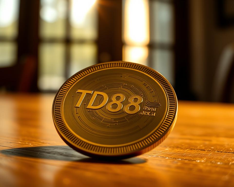 A gleaming, bronze-colored TD88 coin rests on a wooden table, its surface catching the warm, diffused light from a nearby window. The coin's intricate design and ridged edges are sharply defined, inviting the viewer to reach out and touch its smooth, metallic surface. The background is softly blurred, allowing the coin to take center stage and command attention. The overall scene evokes a sense of contemplation and the quiet significance of small but meaningful details, perfectly illustrating the techniques and strategies for accurately reading the "cầu" or patterns in the TD88 dice game.