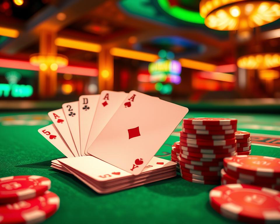 A neon-lit casino table with a green felt surface, illuminated by warm overhead lighting. Crisp white cards are carefully arranged, their corners precisely aligned, showcasing the mathematical principles of the classic 21-point card game. Stacks of vibrant TD88 casino chips in denominations of 1, 5, and 25 are strategically placed, hinting at the high-stakes thrill of blackjack. The scene exudes a sense of focus and concentration, inviting the viewer to immerse themselves in the strategic calculations required to master this timeless game of chance and skill.