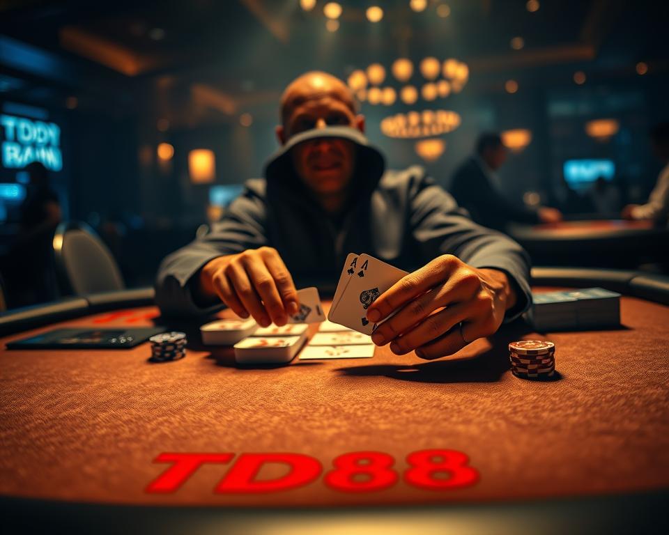 A strategic blackjack table in a dimly lit casino, bathed in a warm glow. The felt surface is worn, with chips and cards arranged in an organized fashion. The TD88 logo adorns the table's edge, signifying a high-end gaming experience. In the foreground, a player's hands expertly maneuver the cards, their face obscured by shadow, conveying a sense of concentration and calculated risk-taking. The background is hazy, with the faint silhouettes of other players and the occasional flash of a dealer's movement, creating an atmosphere of intense focus and strategic decision-making.