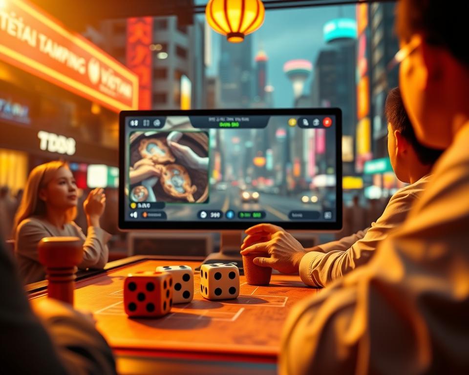 A vibrant and immersive scene depicting the traditional Vietnamese gambling game of "Xóc Đĩa" being played online on the TD88 platform. The foreground showcases the iconic wooden dice cups and the anticipation of players as they await the outcome. The middle ground features a sleek and modern digital interface, with intuitive controls and vivid graphics that bring the game to life. In the background, a bustling cityscape serves as the backdrop, hinting at the game's deep cultural roots and its enduring popularity in the digital age. The lighting is warm and inviting, creating a sense of excitement and anticipation. The overall composition conveys the thrill and strategical aspect of "Xóc Đĩa" as played on the TD88 platform.
