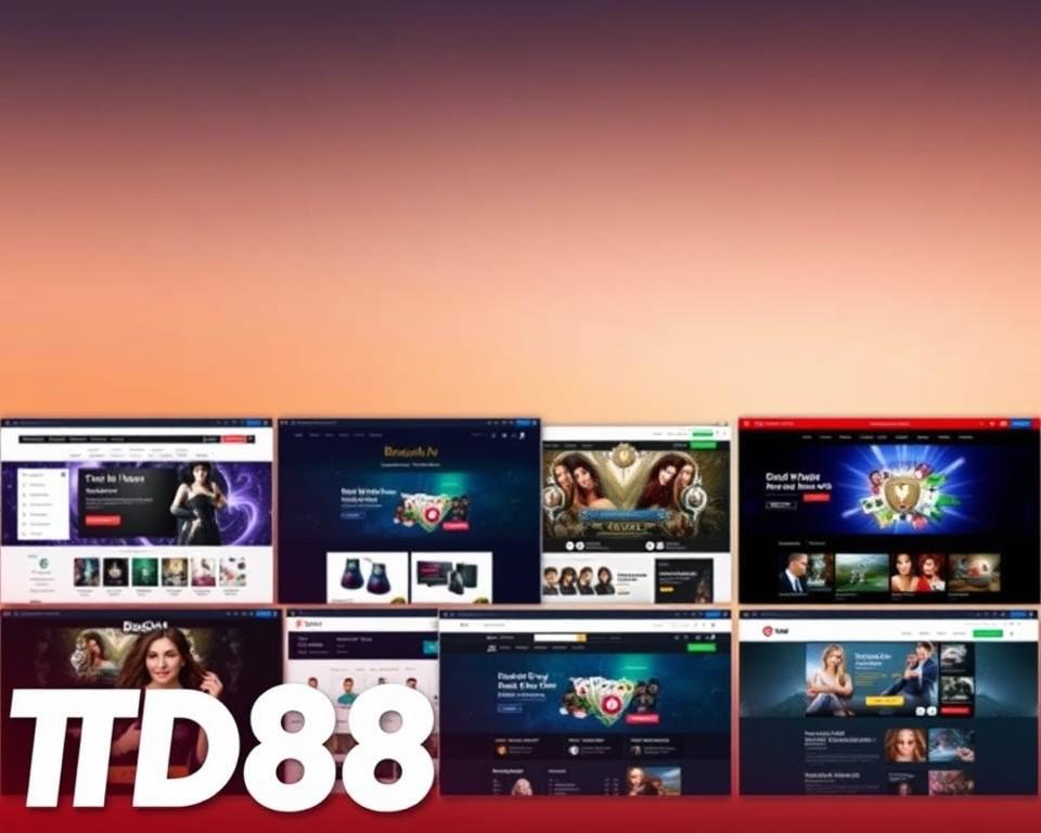 A vibrant collage of 10 high-quality websites, showcasing the top online baccarat platforms. In the foreground, the TD88 logo stands out, its clean design commanding attention. The websites are depicted as sleek, modern interfaces with intuitive navigation, inviting users to explore the exciting world of baccarat. The middle ground features detailed screenshots of each platform, highlighting their unique features and user-friendly layouts. In the background, a subtle gradient of warm hues sets the tone, conveying a sense of trust and reliability. The overall composition exudes a professional, sophisticated atmosphere, reflecting the expertise and trustworthiness of the top baccarat sites.