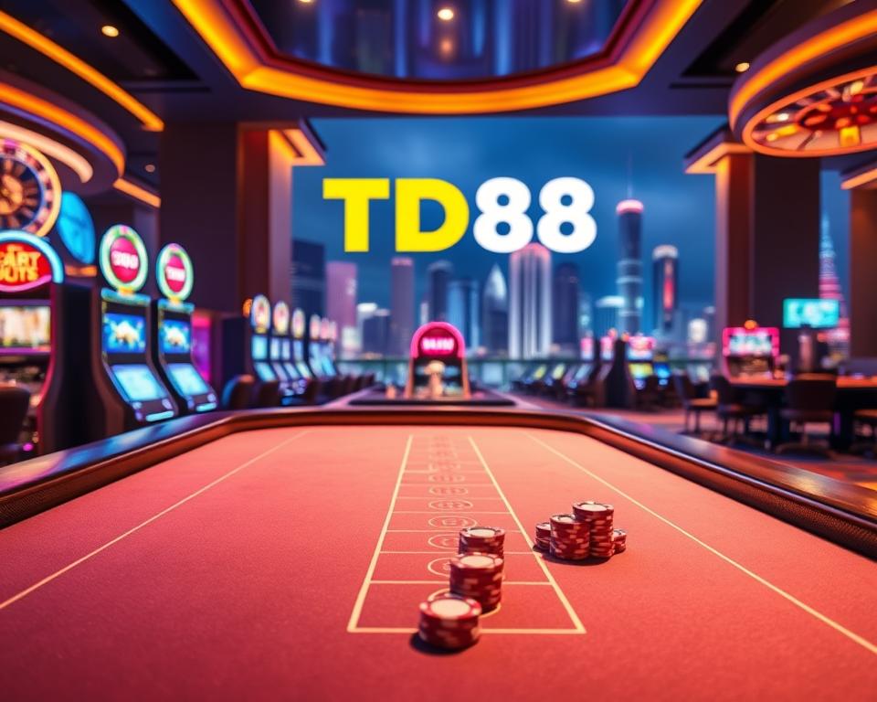 A vibrant online casino scene, bathed in a warm glow. In the foreground, a sleek, modern baccarat table takes center stage, its polished felt and elegant chips inviting players to try their luck. The middle ground features a backdrop of neon-lit slot machines and roulette wheels, their dazzling lights creating an electrifying atmosphere. In the background, a panoramic view of a bustling city skyline, with the TD88 logo prominently displayed, signifying the cutting-edge technology powering this immersive online gambling experience. Soft, diffused lighting casts a sophisticated ambiance, while the overall composition evokes a sense of excitement and high-stakes thrills.